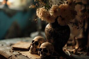 ai generato ancora vita con umano cranio e candela su buio sfondo. Halloween concetto foto