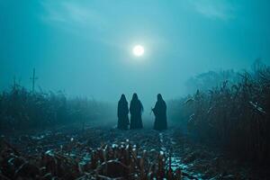 ai generato silhouette di tre donne nel il nebbia nel un' campo di mais foto