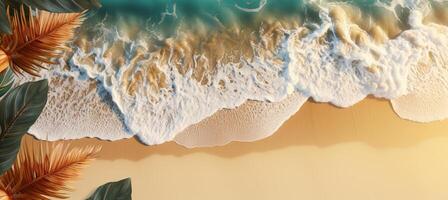 ai generato tropicale palma foglia ombre su bianca sabbia spiaggia, acqua superficie, estate vacanza sfondo concetto foto