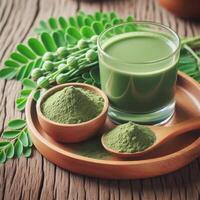 ai generato moringa polvere nel di legno ciotola con fresco moringa e secco le foglie su di legno sfondo foto