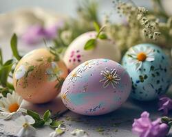 ai generato colorato Pasqua uova con margherite e fiori su un' leggero sfondo foto