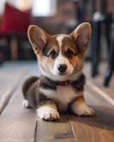 ai generato carino gallese corgi cane seduta su il di legno pavimento. foto