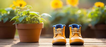 ai generato soleggiato primavera o estate giardino con vasi di fiori e giallo stivali nel un' giardinaggio sfondo foto