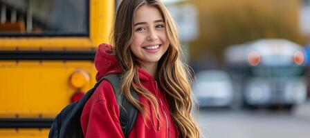 ai generato contento giovane scolara sorridente e pronto per tavola il scuola autobus con copia spazio per testo posizionamento foto