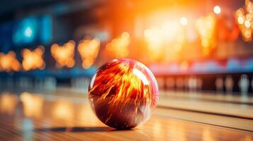 ai generato bowling sciopero bowling palla Crashing in perni concetto di sport concorrenza o torneo foto