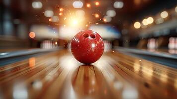 ai generato bowling palla Impressionante perni nel un' bowling vicolo, sport concorrenza o torneo concetto foto