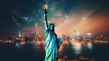 ai generato Manhattan panoramico orizzonte a notte con statua di libertà nel primo piano. neurale Rete generato fotorealistico Immagine foto