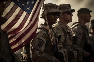 ai generato americano soldati e unito stati bandiera, neurale Rete generato fotorealistico Immagine foto