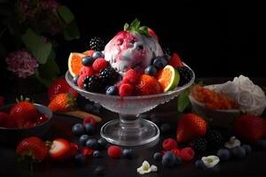 ai generato gelato con fresco frutta, ricco alto contrasto fotorealistico neurale Rete generato Immagine foto