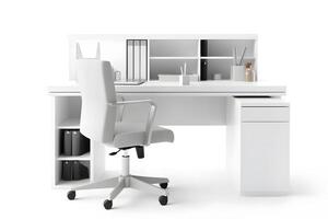ai generato ufficio posto di lavoro scrivania nel davanti di vuoto sedia isolato su bianca sfondo, neurale Rete generato Immagine foto