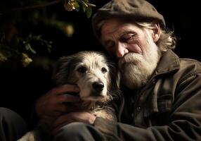 ai generato ritratto di un' momento di affetto fra un anziano contadino uomo e il suo cane. cura e Attenzione. domestico e azienda agricola animali. foto