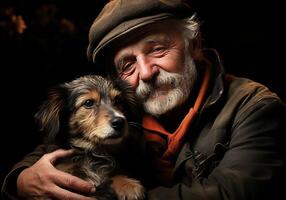 ai generato ritratto di un' momento di affetto fra un anziano contadino uomo e il suo cane. cura e Attenzione. domestico e azienda agricola animali. foto