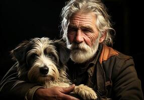 ai generato ritratto di un' momento di affetto fra un anziano contadino uomo e il suo cane. cura e Attenzione. domestico e azienda agricola animali. foto