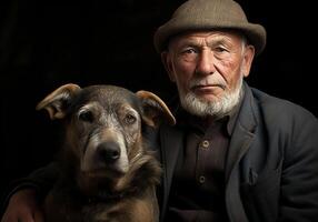 ai generato ritratto di un' momento di affetto fra un anziano contadino uomo e il suo cane. cura e Attenzione. domestico e azienda agricola animali. foto