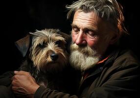 ai generato ritratto di un' momento di affetto fra un anziano contadino uomo e il suo cane. cura e Attenzione. domestico e azienda agricola animali. foto