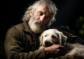 ai generato ritratto di un' momento di affetto fra un anziano contadino uomo e il suo cane. cura e Attenzione. domestico e azienda agricola animali. foto