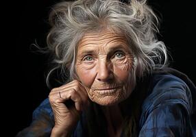 ai generato ritratto di anziano donna isolato su buio sfondo, pensiero e analizzare, cercare, guardare. foto