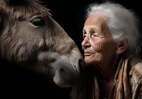 ai generato ritratto di un' momento di affetto fra un anziano contadino donna e il suo asino. cura e Attenzione. domestico e azienda agricola animali. foto