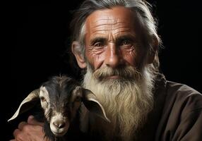 ai generato ritratto di un' momento di affetto fra un anziano contadino uomo e il suo capra. cura e Attenzione. domestico e azienda agricola animali. foto