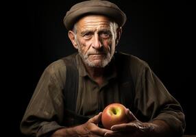 ai generato ritratto di anziano contadino uomo nel il suo rustico cucina con un Mela. cibo e salutare vita. foto