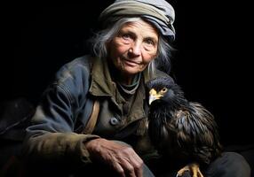 ai generato ritratto di un' momento di affetto fra un anziano donna e un aquila. cura e Attenzione. natura animali. foto