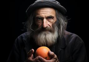 ai generato ritratto di anziano contadino uomo nel il suo rustico cucina con arancia nel il suo mani. cibo e salutare vita. foto