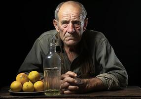 ai generato ritratto di anziano contadino uomo nel il suo rustico cucina con limoni. cibo e salutare vita. foto