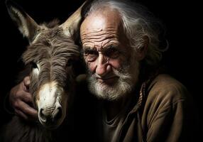 ai generato ritratto di un' momento di affetto fra un anziano contadino e il suo asino. cura e Attenzione. domestico e azienda agricola animali. foto