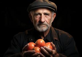 ai generato ritratto di anziano contadino uomo nel il suo rustico cucina con arancia nel il suo mani. cibo e salutare vita. foto