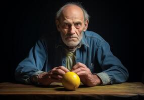 ai generato ritratto di anziano contadino uomo nel il suo rustico cucina con limoni. cibo e salutare vita. foto
