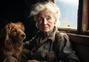 ai generato ritratto di un' momento di affetto fra un anziano donna e sua cane. cura e Attenzione. domestico e azienda agricola animali. foto