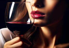 ai generato elegante donna potabile rosso vino. fascino e raffinatezza. foto
