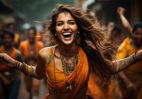 ai generato bellissimo indiano donna nel tradizionale saree. donna di giorno. tradizione e cultura. foto