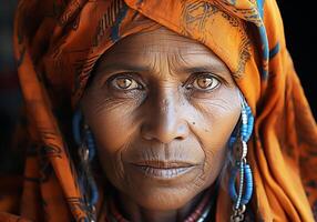 ai generato bellissimo anziano indiano donna. donna di giorno. tradizione e cultura. foto
