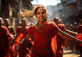 ai generato bellissimo indiano donna nel tradizionale saree. donna di giorno. tradizione e cultura. foto