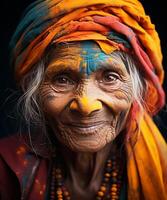 ai generato ritratto di grave indiano donna a holi Festival nel India. tradizioni e cultura. foto