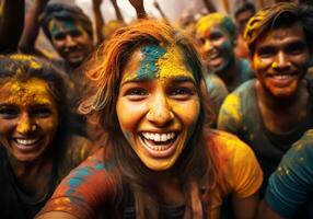 ai generato contento persone a il holi Festival nel India. tradizioni e cultura. foto