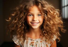 ai generato bellissimo ragazza con lungo Riccio capelli. donna di giorno. foto