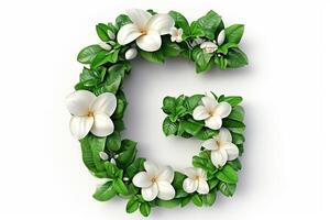 ai generato 3d moderno stile lettera g fatto a partire dal gardenia fiori isolato su bianca sfondo foto