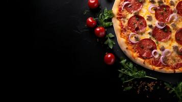 ai generato salato Pizza su nero calcolo, superiore Visualizza, acquolina in bocca condimenti, sinistra lato spazio per testo foto