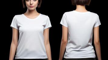 ai generato bianca t camicia modello su donna, isolato su grigio parete nel luminosa studio tiro per design Stampa studio. foto