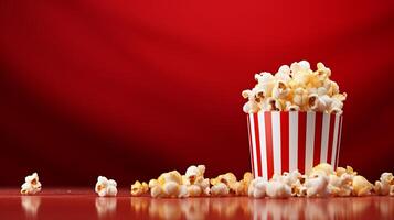 ai generato a strisce Popcorn scatola pieno con appena schioccato Popcorn su rosso pendenza sfondo con vuoto spazio foto