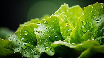 ai generato vivace verde lattuga le foglie con scintillante acqua goccioline macro tiro canone eos r, f5.6 foto