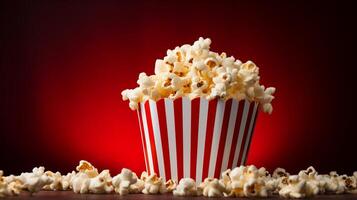 ai generato a strisce Popcorn scatola con fresco Popcorn su rosso pendenza sfondo e vuoto spazio per design o copia foto