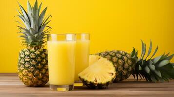 ai generato ananas succo nel bicchiere su di legno tavolo, isolato su morbido giallo sfondo con testo spazio foto