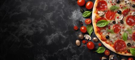 ai generato delizioso Pizza su nero calcolo, superiore Visualizza con fresco ingredienti, testo spazio su sinistra lato. foto