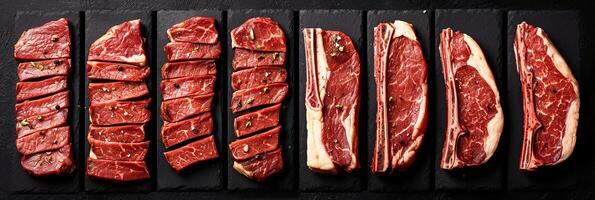 ai generato assortito bistecca prodotti disposte nel un' travolgente collage con vibrante, luminosa leggero segmenti foto