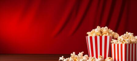 ai generato Popcorn pieno a strisce scatola su strutturato rosso pendenza sfondo con ampio vuoto spazio foto
