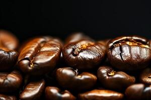 ai generato premio arrostito caffè fagioli su elegante nero sfondo bandiera per caffè Gli amanti e caffè foto