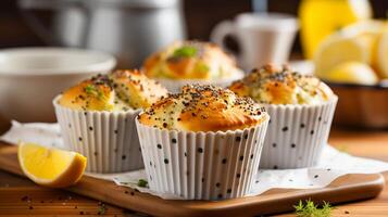 ai generato delizioso fatti in casa Limone papavero seme muffin con sfocato cucina sfondo e copia spazio foto